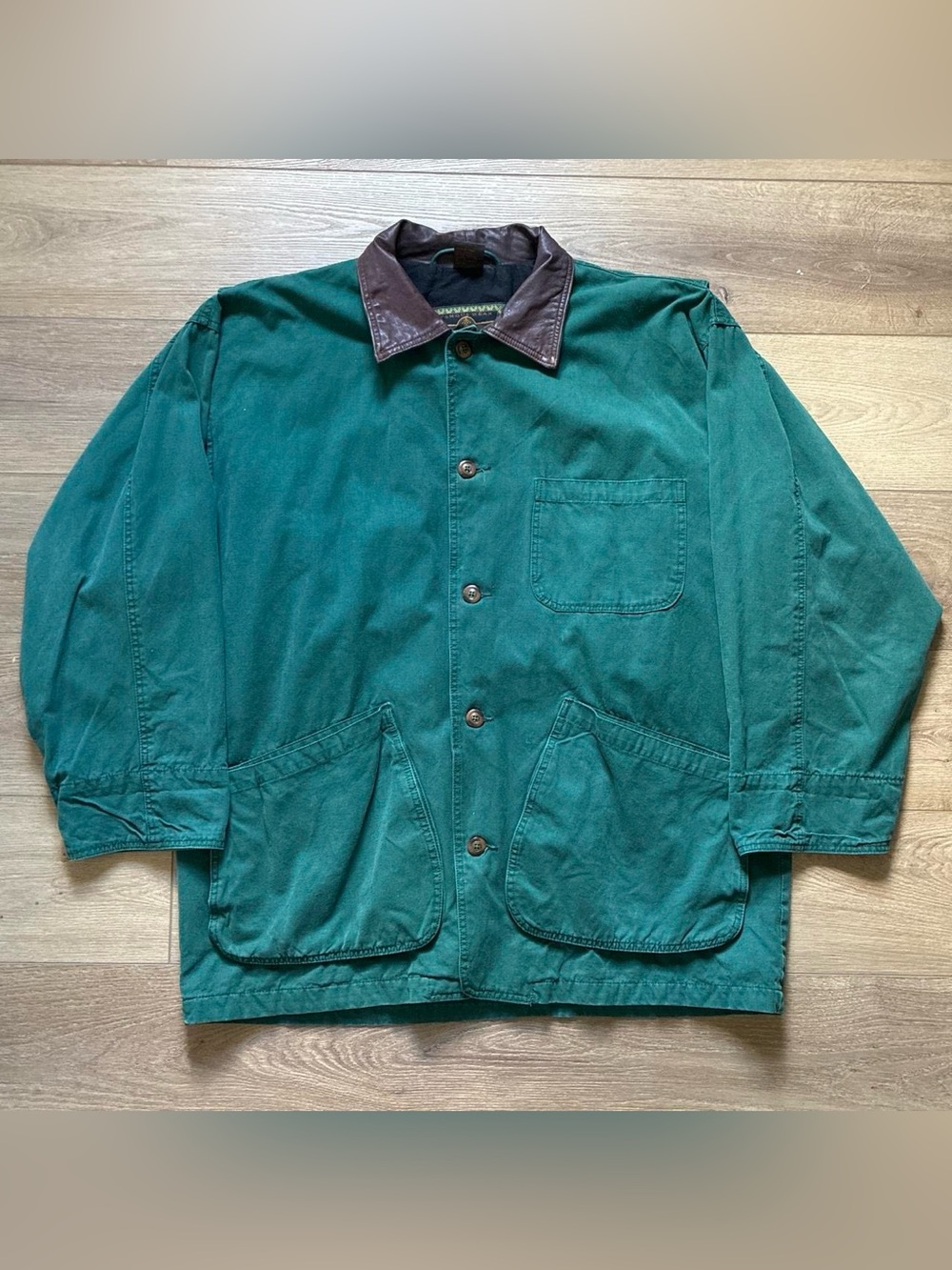 Vintage Green chore jacket with brown leather collar